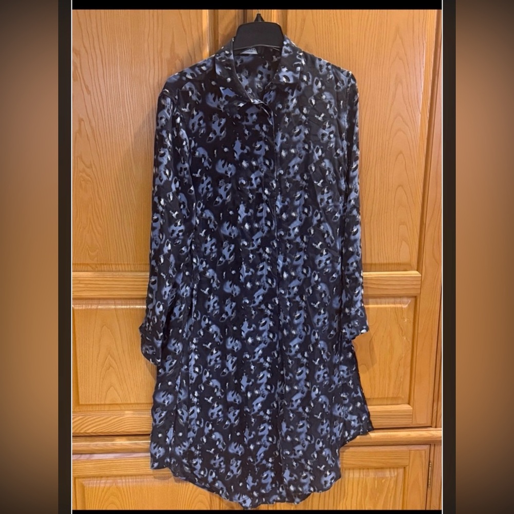 Equipment 100% Silk Long Shirt Dress Blue Design Size Small